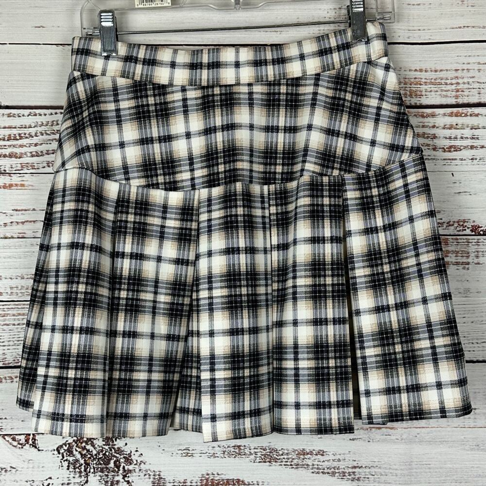 Women's Dizzy Lizzy Black Brown Cream Plaid Pull On Pleated School Girl Skirt L